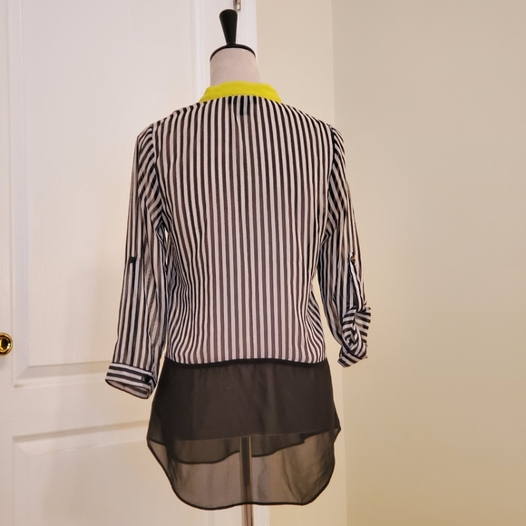 BCX Sheer Top, Size S, Long Sleeves, Striped Black&White with Yellow Detail. - Picture 2 of 12